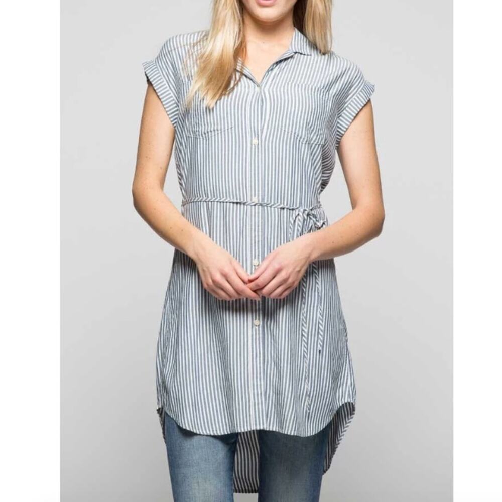 JACHS NY Girlfriend Striped Shirtdress Tunic Blue Gray White Small